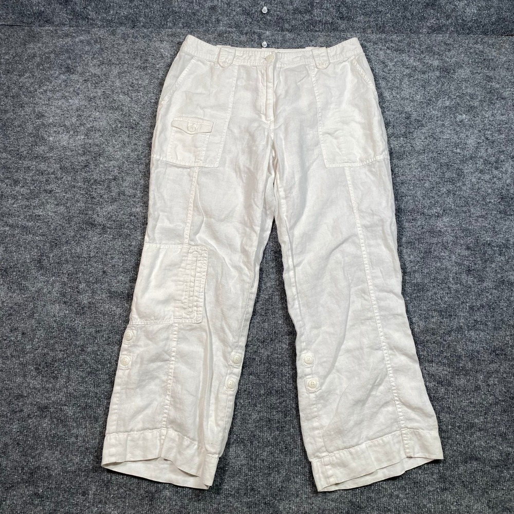 Sigrid Olsen Poet 09 Womens White Linen Blend Straight Leg Cargo Pants Size 10